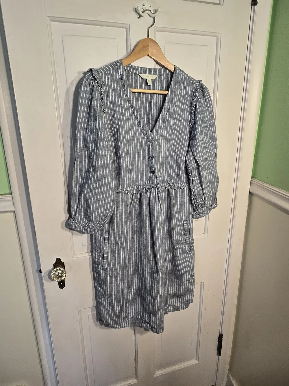 Garnet Hill Striped Blue Linen V-Neck Long Sleeve Dress Size 8 - Picture 2 of 7